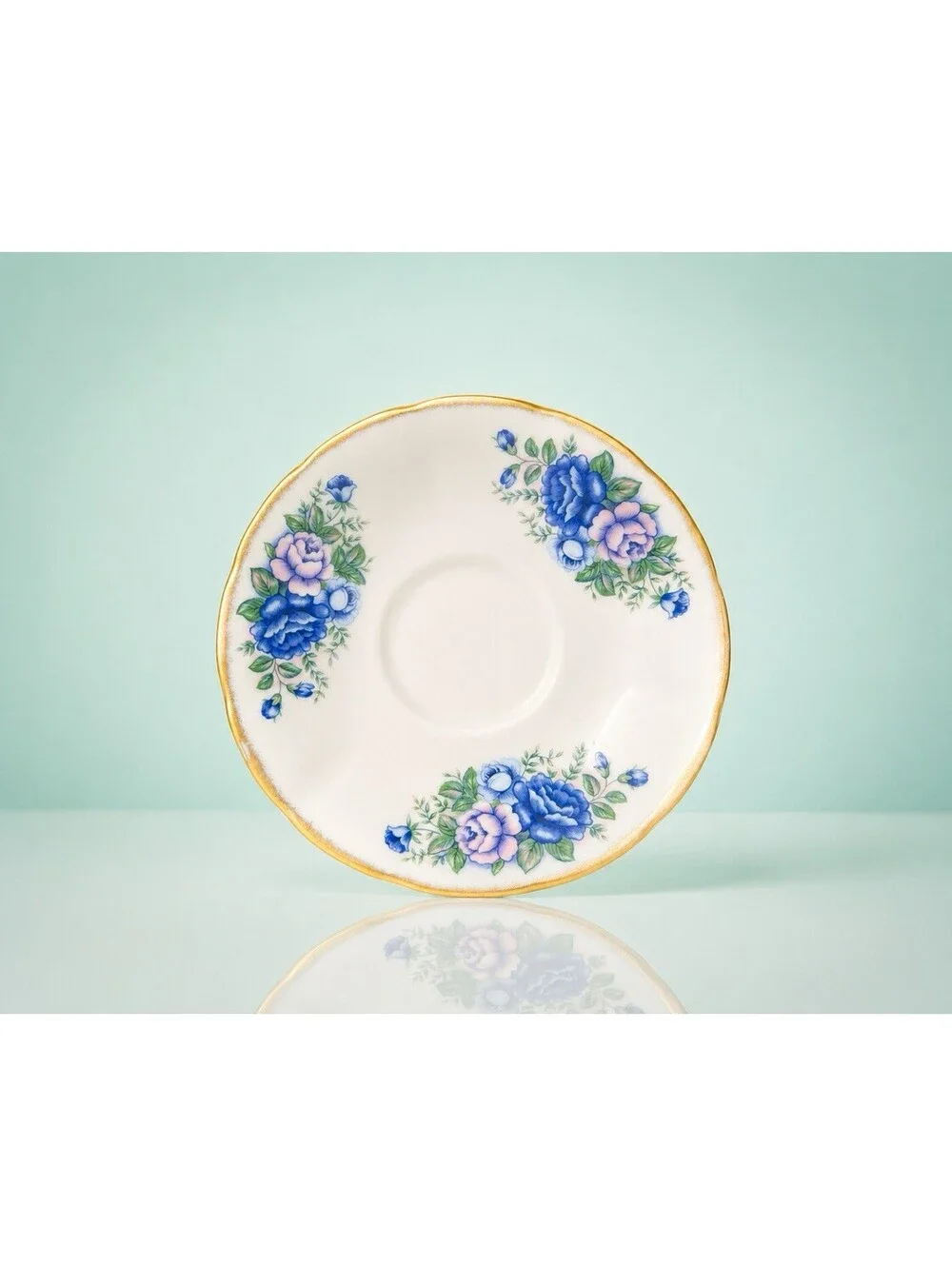 Robinson Design 1989 Orphan Saucer English Garden Blue Lavender Roses, 5.5”